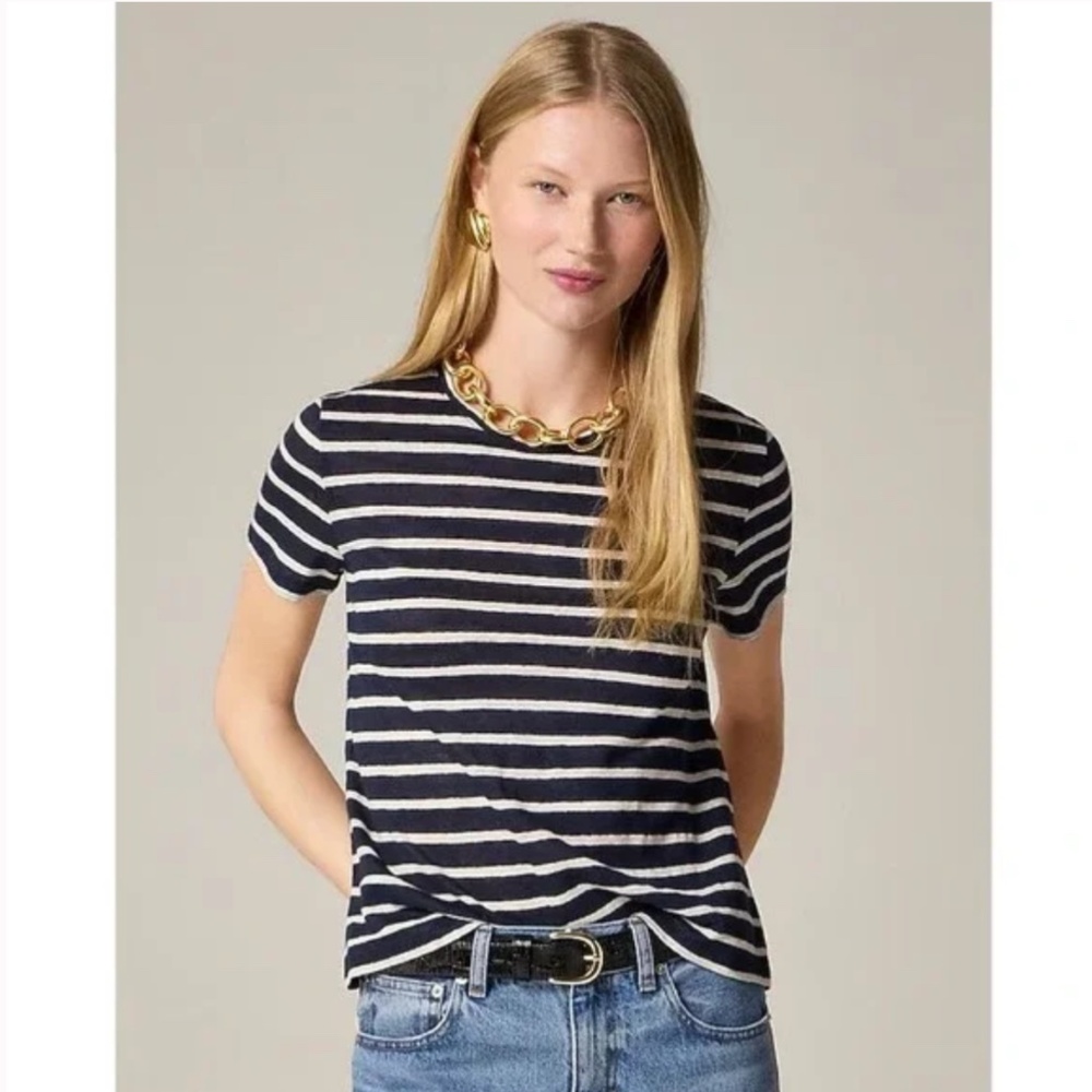 J. CREW Relaxed Linen T-Shirt Navy Blue White Stripe Short Sleeve